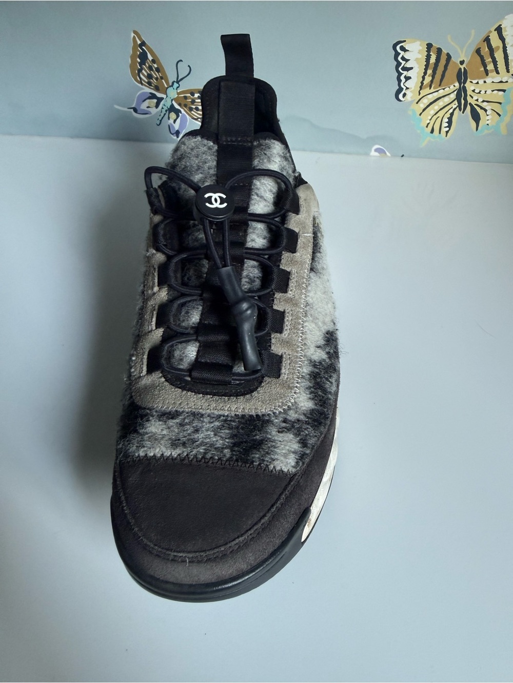 Chanel Black Gray Suede Felted Wool CC Cinch Close Sneakers - Picture 6 of 15